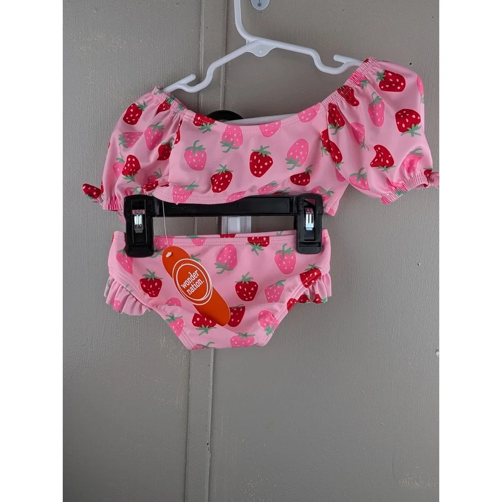 Wonder Nation Pink Strawberry Print Puff Sleeve 2 Piece Swimsuit 18M NWT